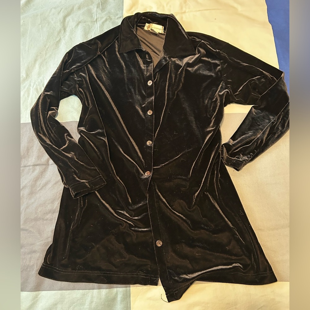 Corporate Goth Black Velvet Feel Button Up Blouse or Cardigan